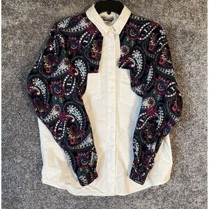 Vintage 80s Equestrian Button Shirt Womens Large Corduroy Vest Layered Paisley
